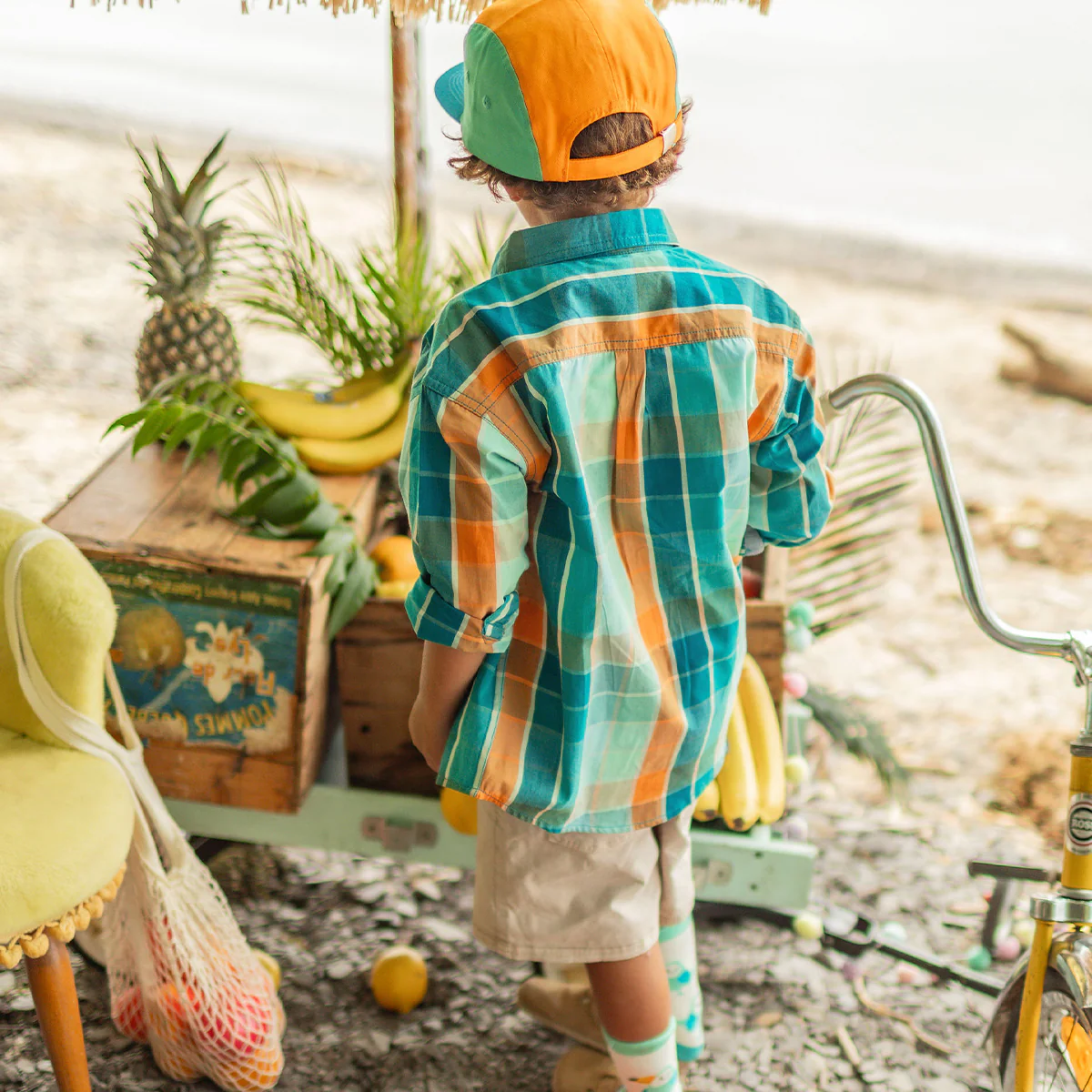 Chemise turquoise et orange à carreaux, enfant - Image 3